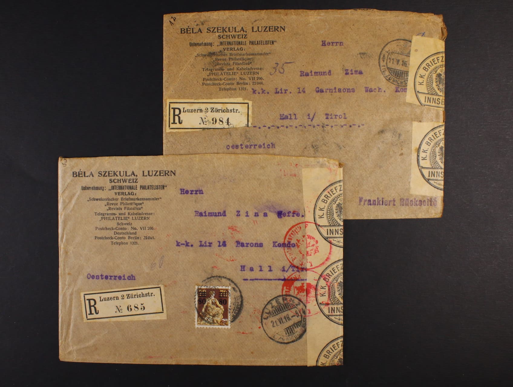 dvě obchodní R-celistvosti do ČSR z r. 1916, pestrá zajímavá frankatura, cenzurní pásky a raz.