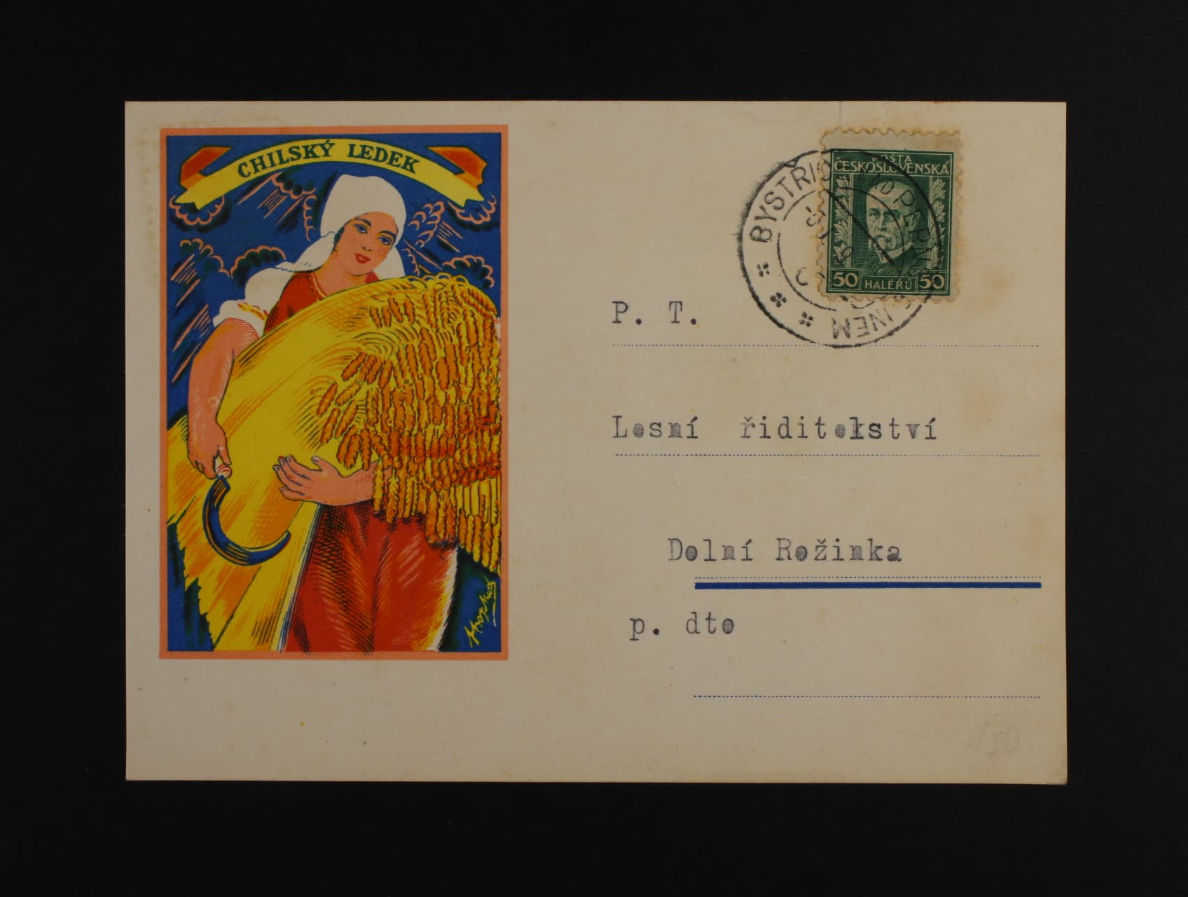 Reklamní přítisky - firemní KL s přítiskem CHILSKÝ LEDEK, pod. raz. BYSTŘICE NAD PERNŠTEJNEM 6.1.29, zajímavé