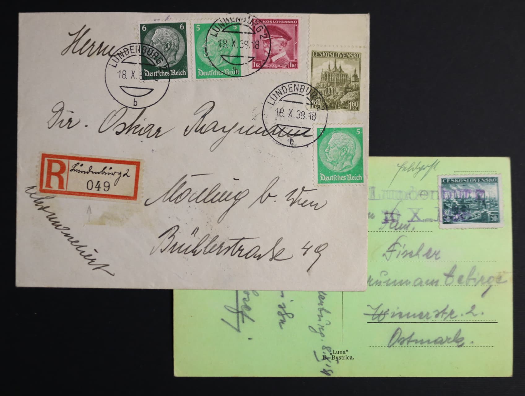 R-celistvost do Vídně s pestrou frankaturou a pod. kulaté raz. LUNDENBURG 2 18.10.38 a pohlednice do Vídně s řádk. raz. LUNDENBURG 10.10.38, dobrá kvalita, zajímavé