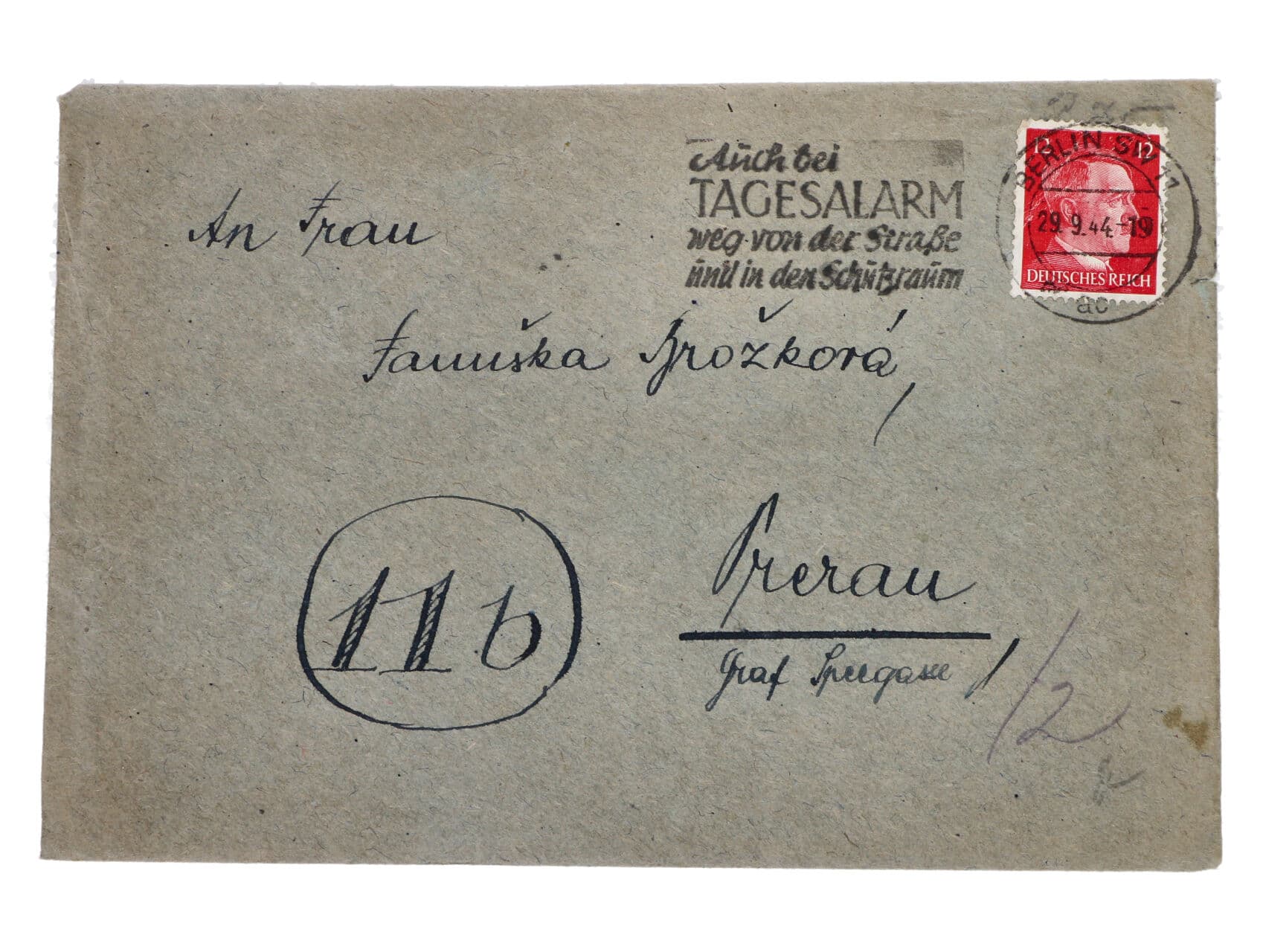 Breslau - dopis do Přerova vč. obsahu frank. zn. 12pf A.H. s pod. raz. BERLIN 11 29.9.44