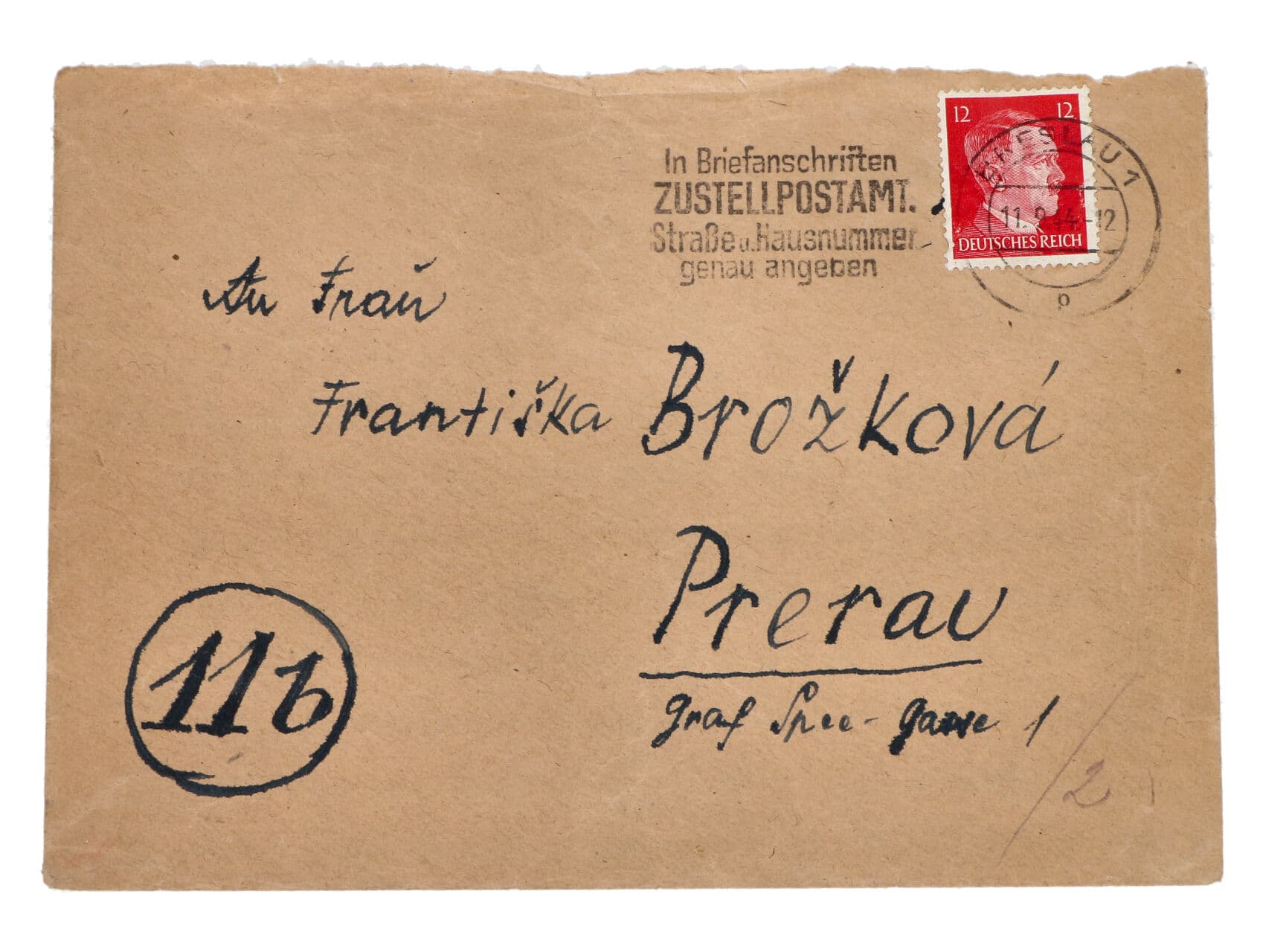 Breslau - dopis do Přerova vč. obsahu frank. zn. 12pf A.H., pod. raz. BRESLAU 1 11.9.44