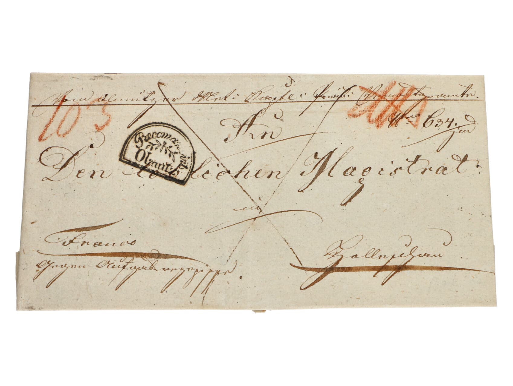 skl. R-dopis z r. 1833 s ozdobným podacím půlkruh. raz. RECOMANDIRT OLMÜTZ, Vot. č. C 200, dobrá kvalita, zajímavé, vzácné