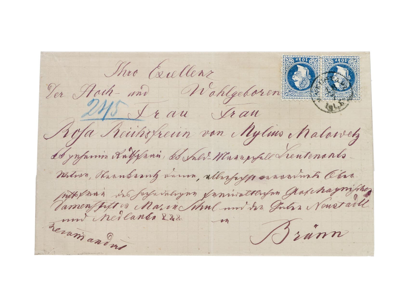 skl. R-dopis z r. 1872 do Brna, adresovaný na hraběnku Mylius Malovetz, představenou ústavu šlechtičen, frank. vodorovnou dvoupáskou zn. Fe. č. 38 I, pod. raz. NEUSTADT 1.7.1872 + přích. raz., lux. kv