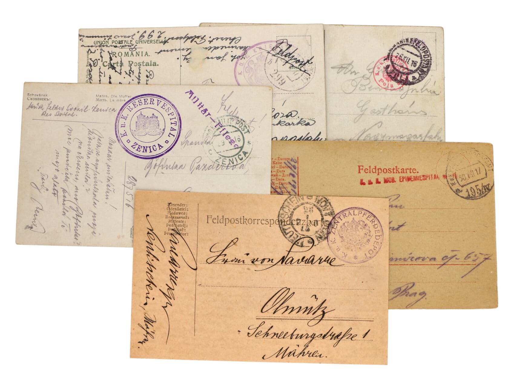 destava 5 ks celistvostí z let 1916 - 17, mj. s malým kruh. červeným raz. K.u.K. Seeflugstation Pola, zajímavé