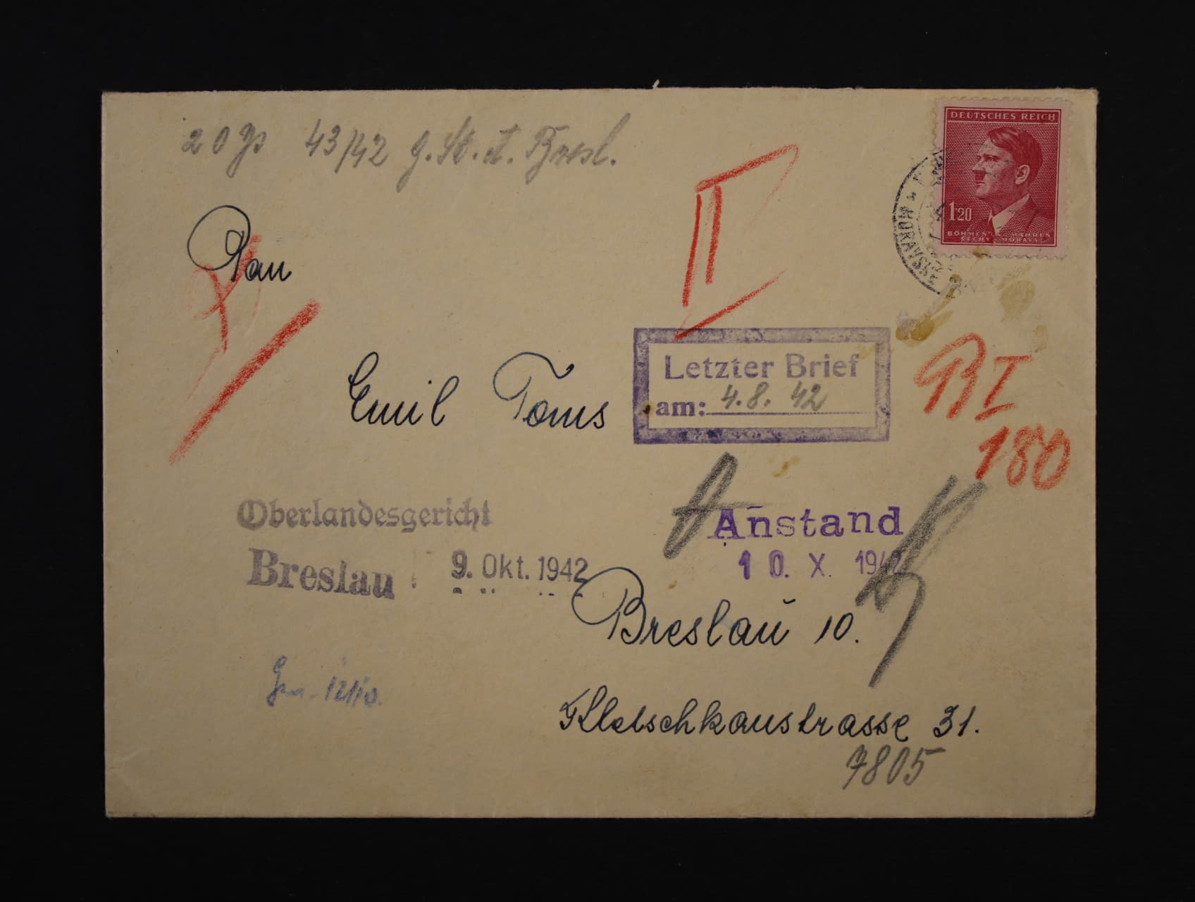 Breslau - dopis do KT frank. zn. 1,20K, pod. raz. MORAVSKÉ BUDĚJOVICE + další razítka