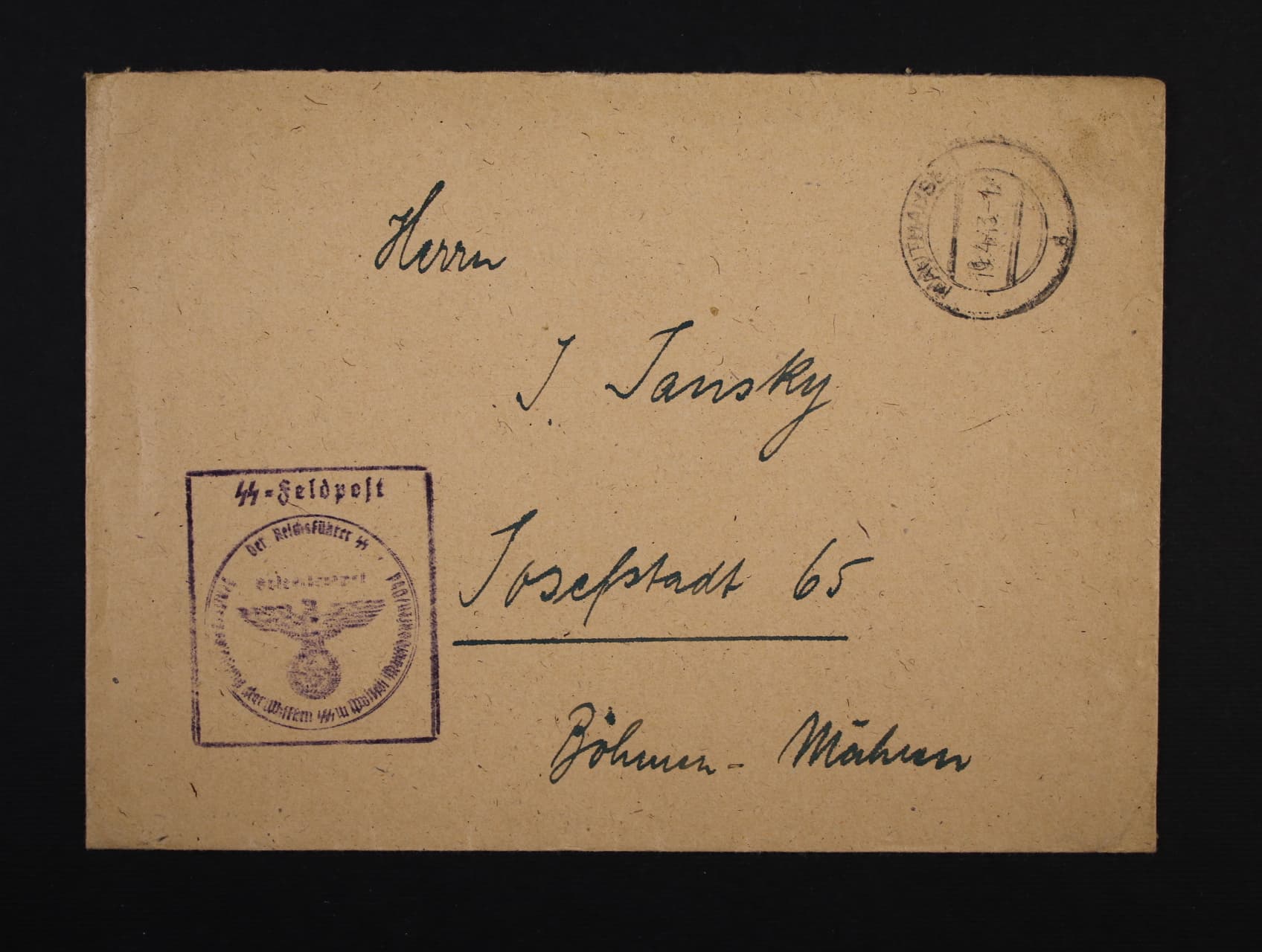 Mauthausen - služební dopis do Čech s pod. raz. MAUTHAUSEN 19.4.43 + fialové raz. SS Feldpost Der Reichsführer SS ..., zajímavé