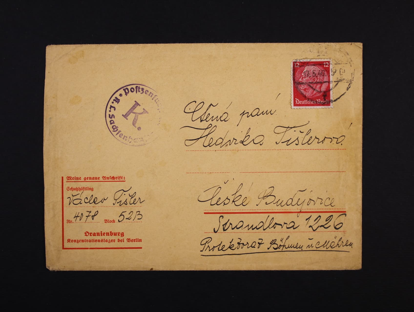 Sachsenhausen - předtištěná obálka do Čes. Budějovic s pod. raz. ORANIENBURG 17.5.40 + kulaté raz. Postzensurstelle K.L. Sachsenhausen K.