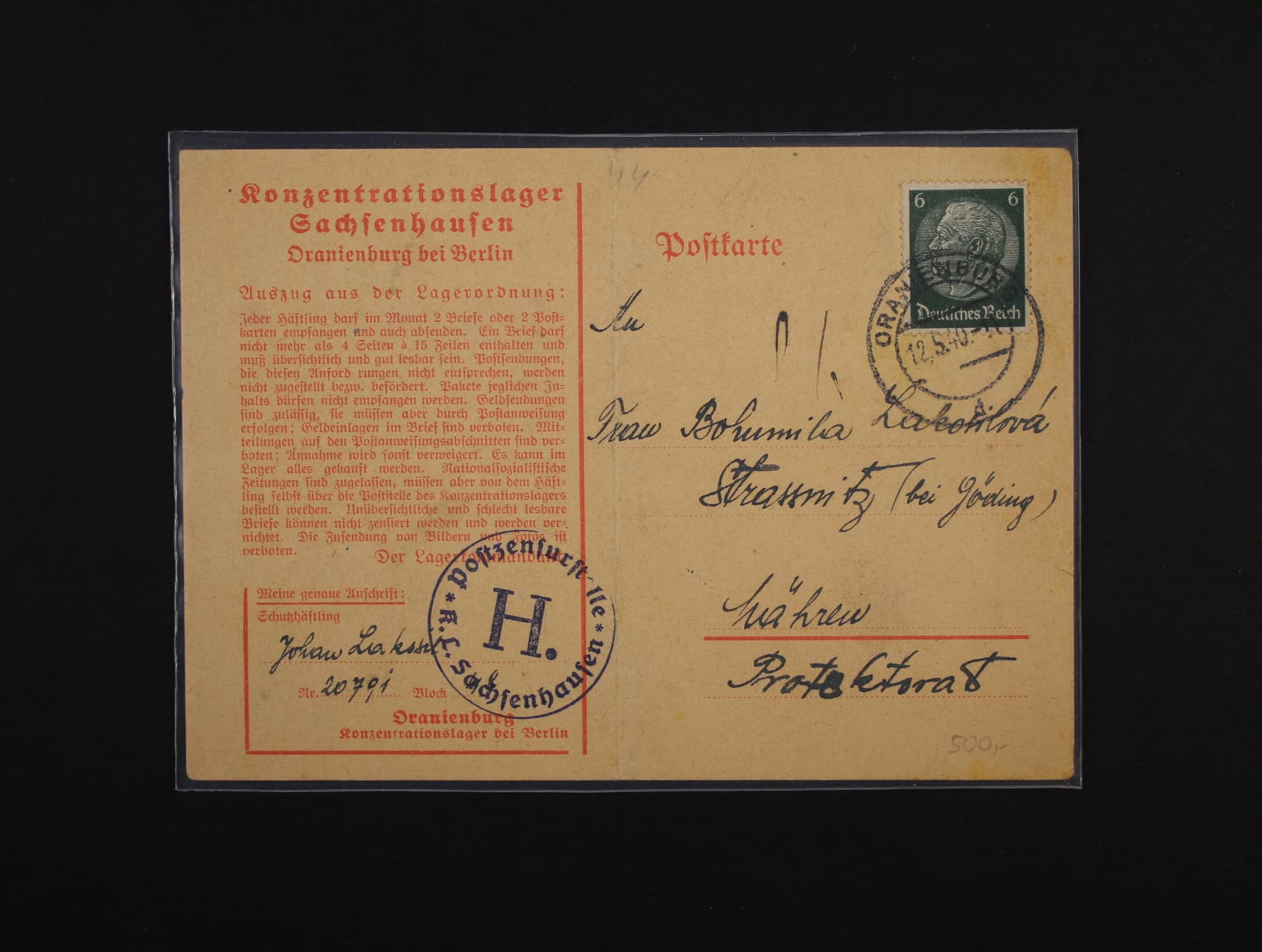 Sachsenhausen - předtištěný KL do Protektorátu s pod. raz. ORANIENBURG 12.5.40 + kulaté raz. Postzensurstelle K.L. Sachsenhausen H.