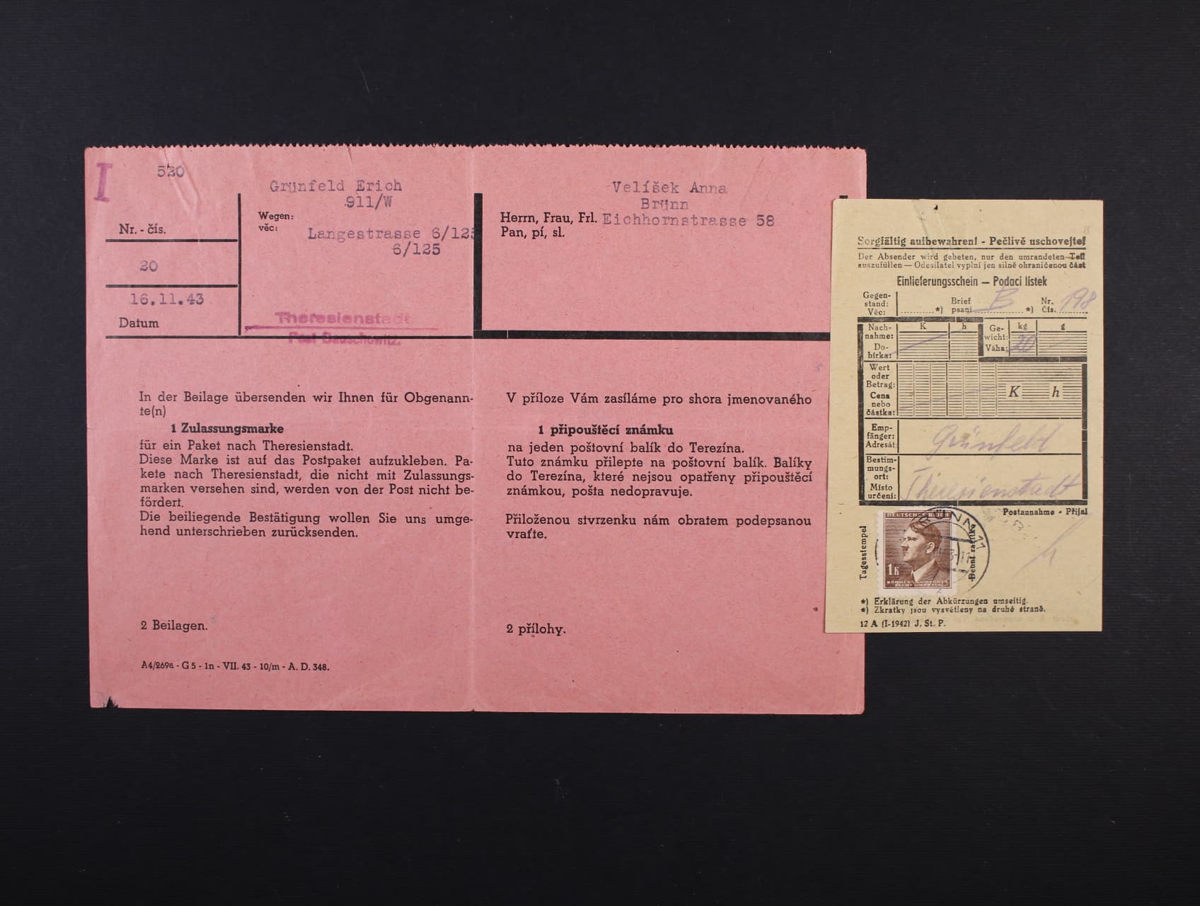 Theresienstadt - připouštěcí formulář v růžové barvě do Brna s přiloženým pod. lístkem na balík s DR BRÜNN 11 7.7.43