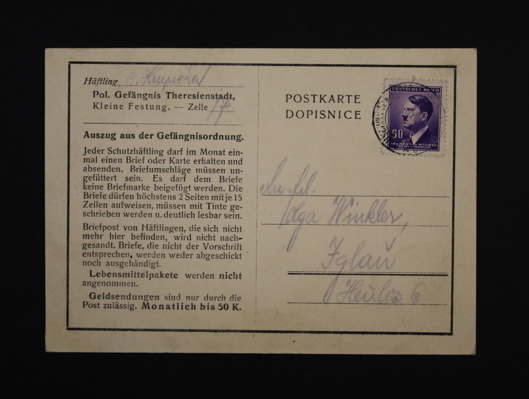 Theresienstadt - úřední předtištěný KL do Jihlavy s pod. raz. BOHUŠOVICE 15.4.45, dobrá kvalita