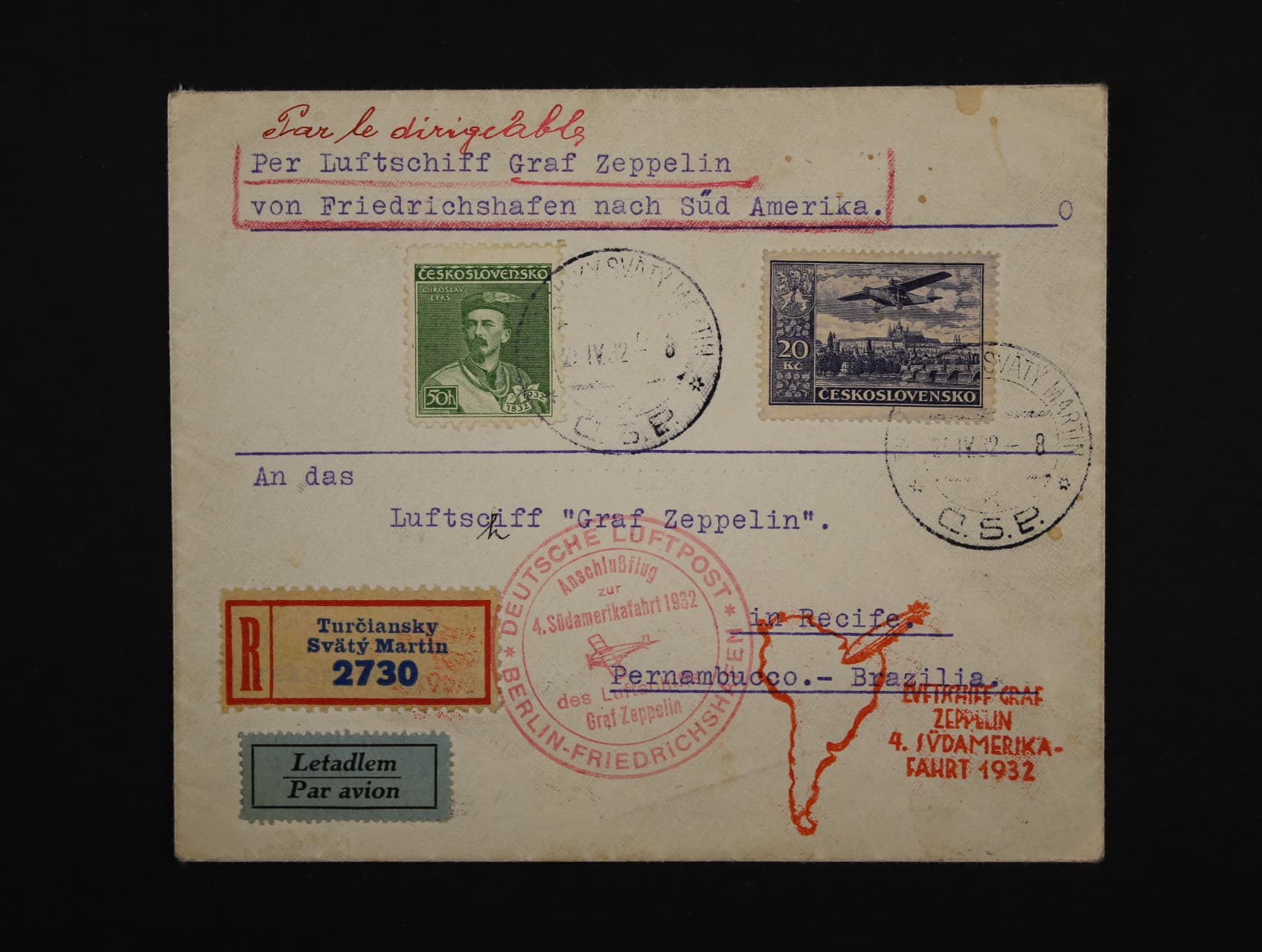 ČSR - dopis do Brazílie přepr. 4. Südamerikafakrt 1932, pod. raz. TURČIANSKY SVÄTÝ MARTIN 24.4.32 + průch. raz. BOHUMÍN, rámeč. raz. PRAHA 7 LETECKÁ POŠTA a červené kašety 4. SÜDAMERIKAFHRT 1932, příc