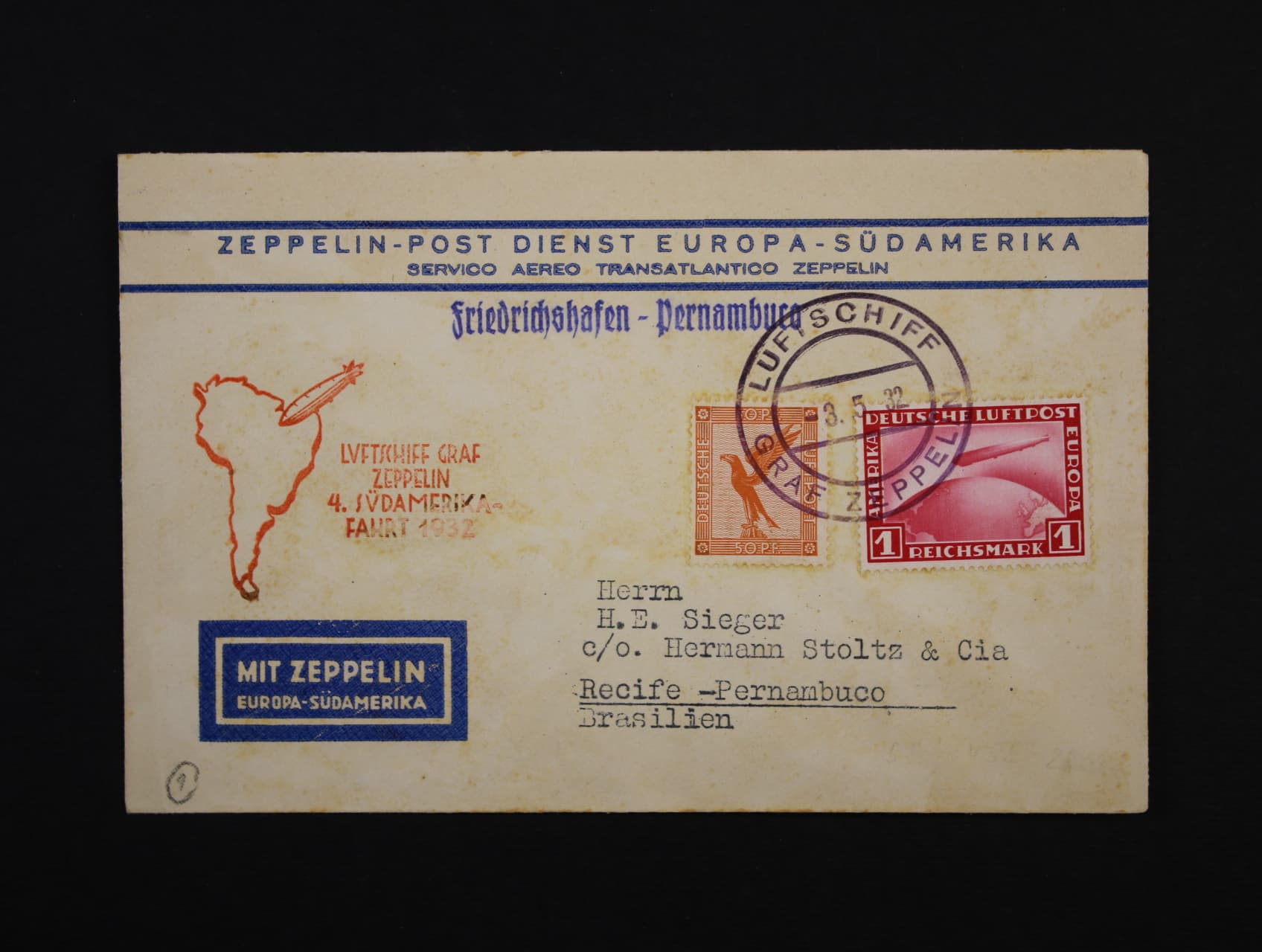 Německo - celistvost do Brazílie s pod. raz. LUFTSCHIFF GRAF ZEPPELIN 3.5.32 + červený kašet 4. SÜDAMERIKAFAHRT 1932