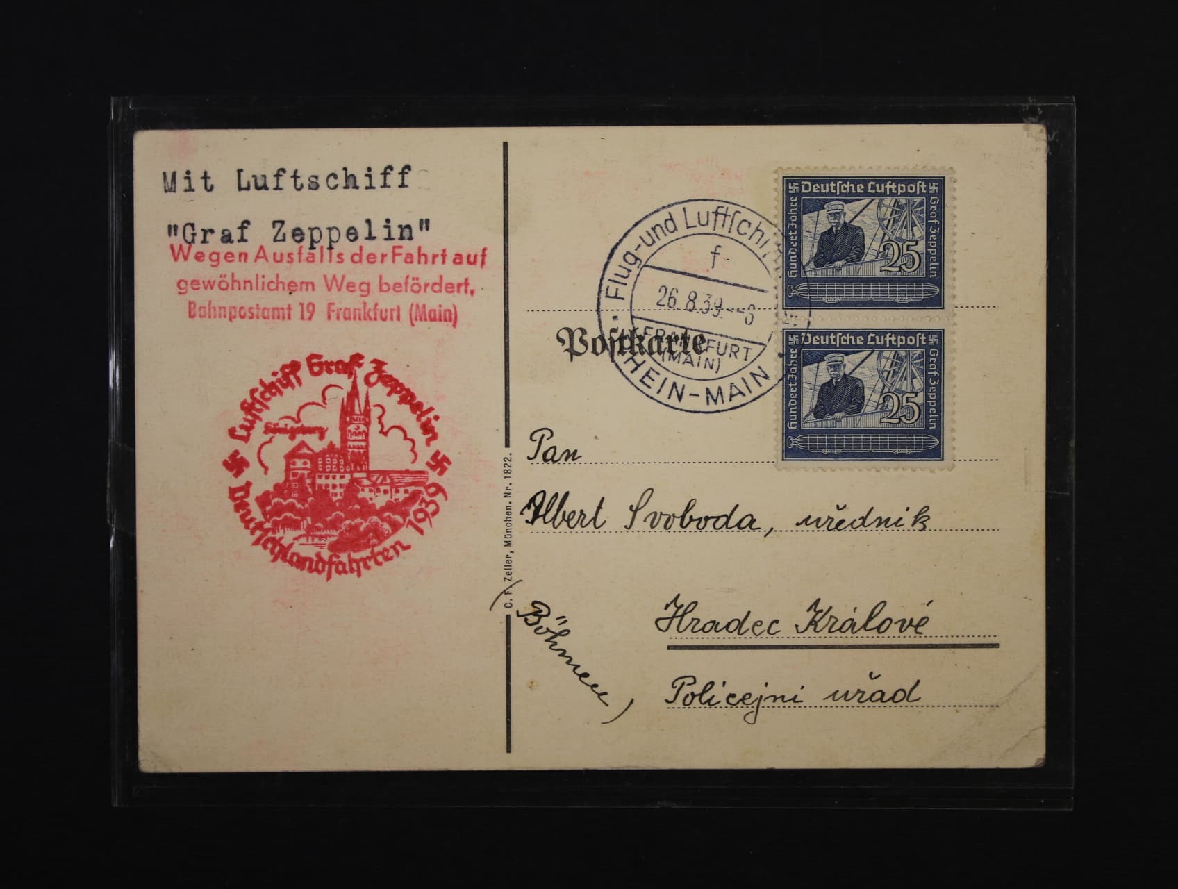 Německo - celistvost do Hradce Králové s pod. raz. FLUG UND LUFTSCHIFF 26.8.39 RHEIN - MAIN + červený kašet DEUTSCHLANDFAHRTEN 1939