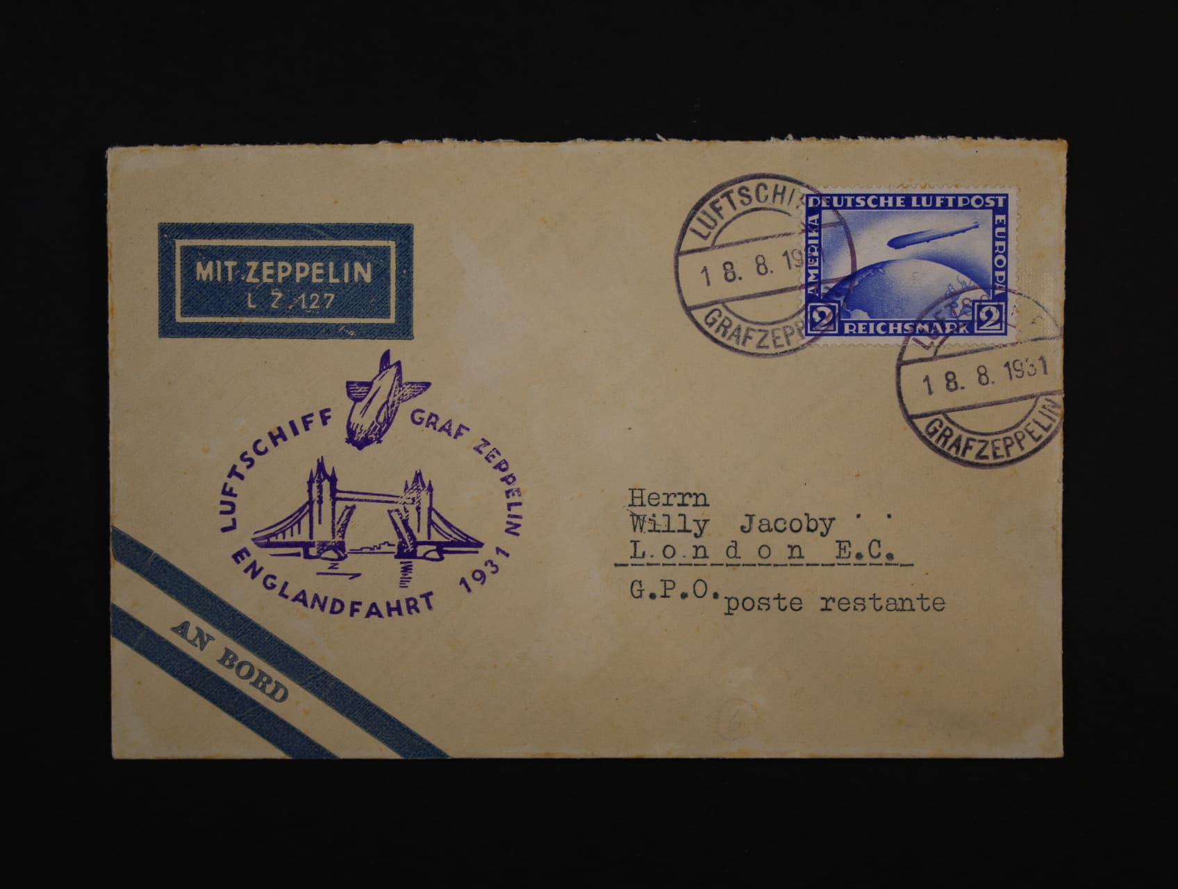 Německo - celistvost do Londýna s pod. raz. LUFTSCHIFF GRAF ZEPPELIN 18.8.1931 + fialový let. kašet ENGLANDFAHRT 1931
