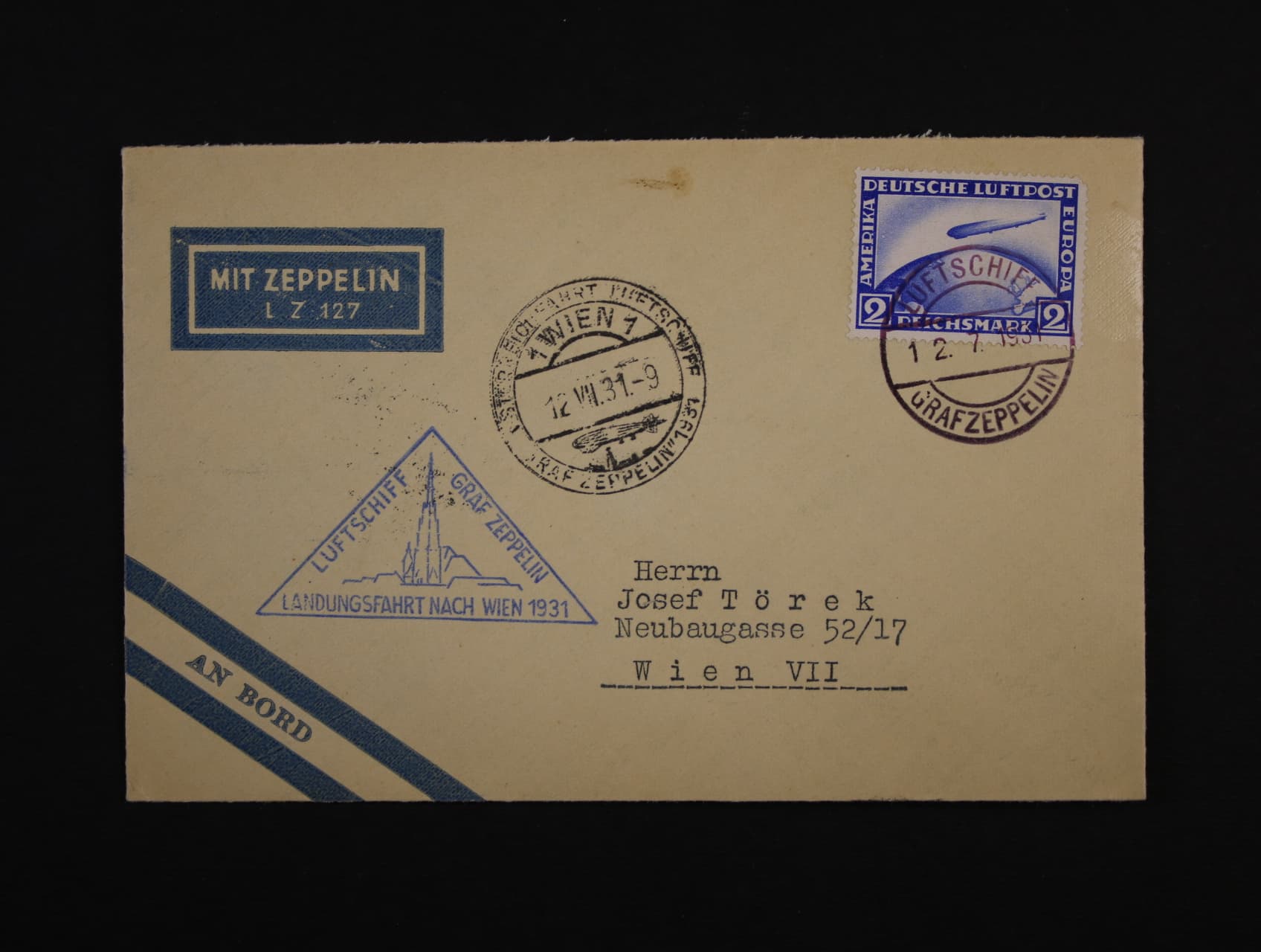 Německo - celistvost do Vídně s pod. raz. LUFTSCHIFF GRAF ZEPPELIN 12.7.31 + modrý kašet LANDUNGSFAHRT NACH WIEN, průch. a přích. raz.