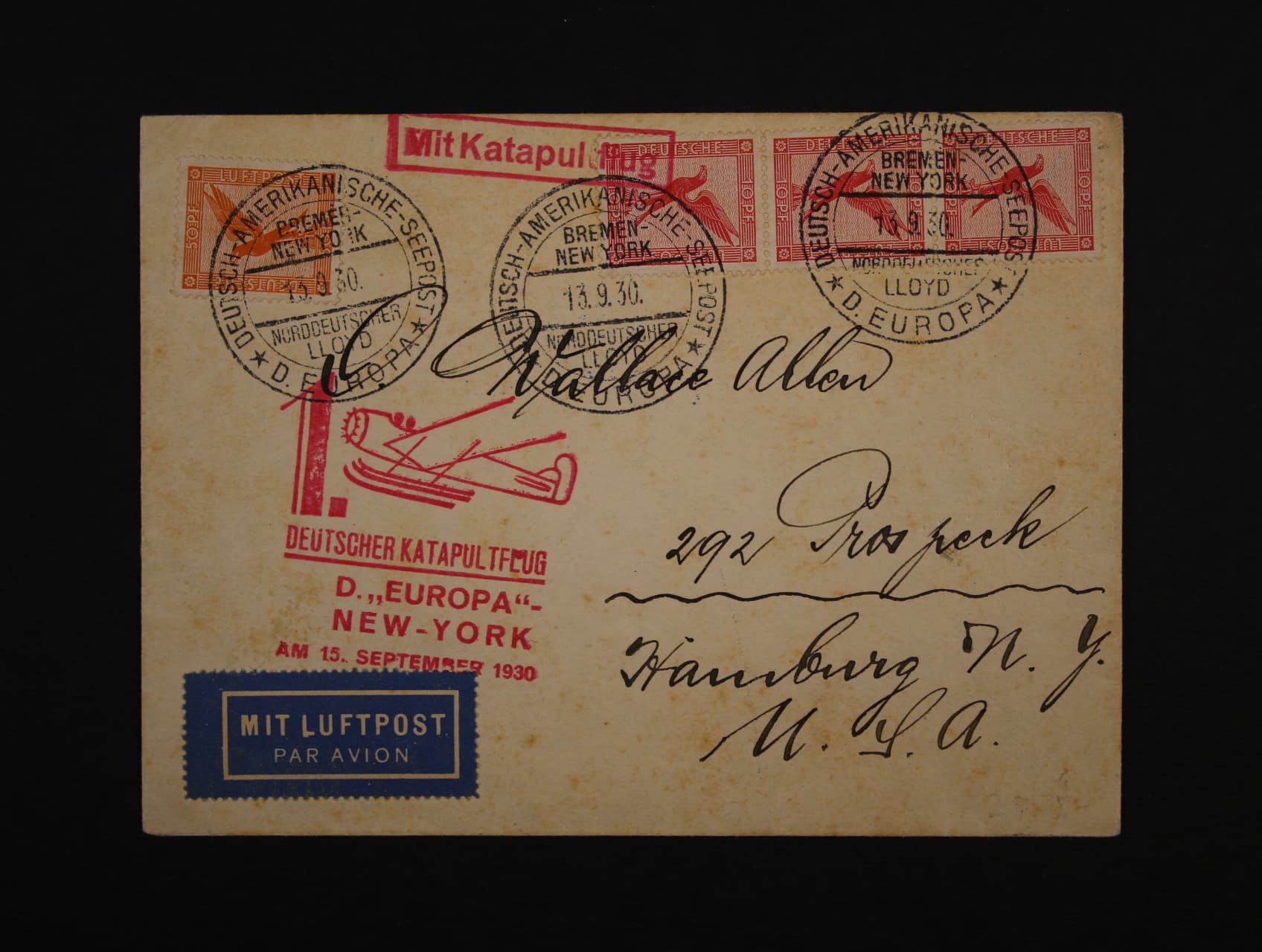 Německo - dopis do USA přepr. lodí s pod. raz. DEUTSCH - AMERIKANISCHE SEEPOST BREMEN - NEW YORK 13.9.30 + červený kašet DEUTSCHER KATAPULTFLUG D. "EUROPA" - NEW YORK AM 15.SEPT.1930