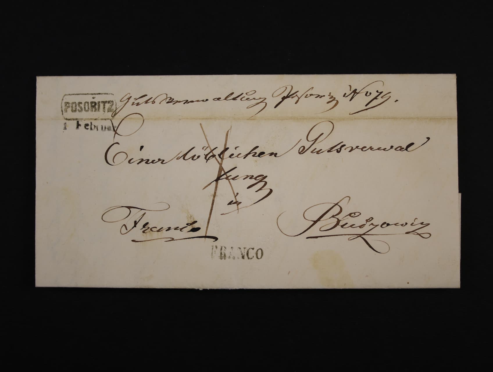skl. dopis do Bučovic z r. 1864 s pod. rámeč. raz. POSORITZ 1.FEB. + černé řádk. raz. FRANCO