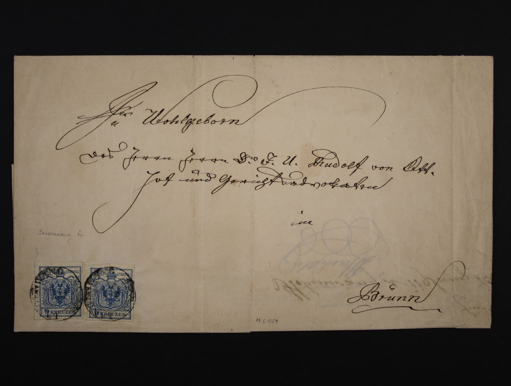 skl. dopis z r. 1854 do Brna frank. zn. Fe. č. 5 H, typ III (2x) s pod. dvoukruh. raz. LANGENWANG, pěkné střihy
