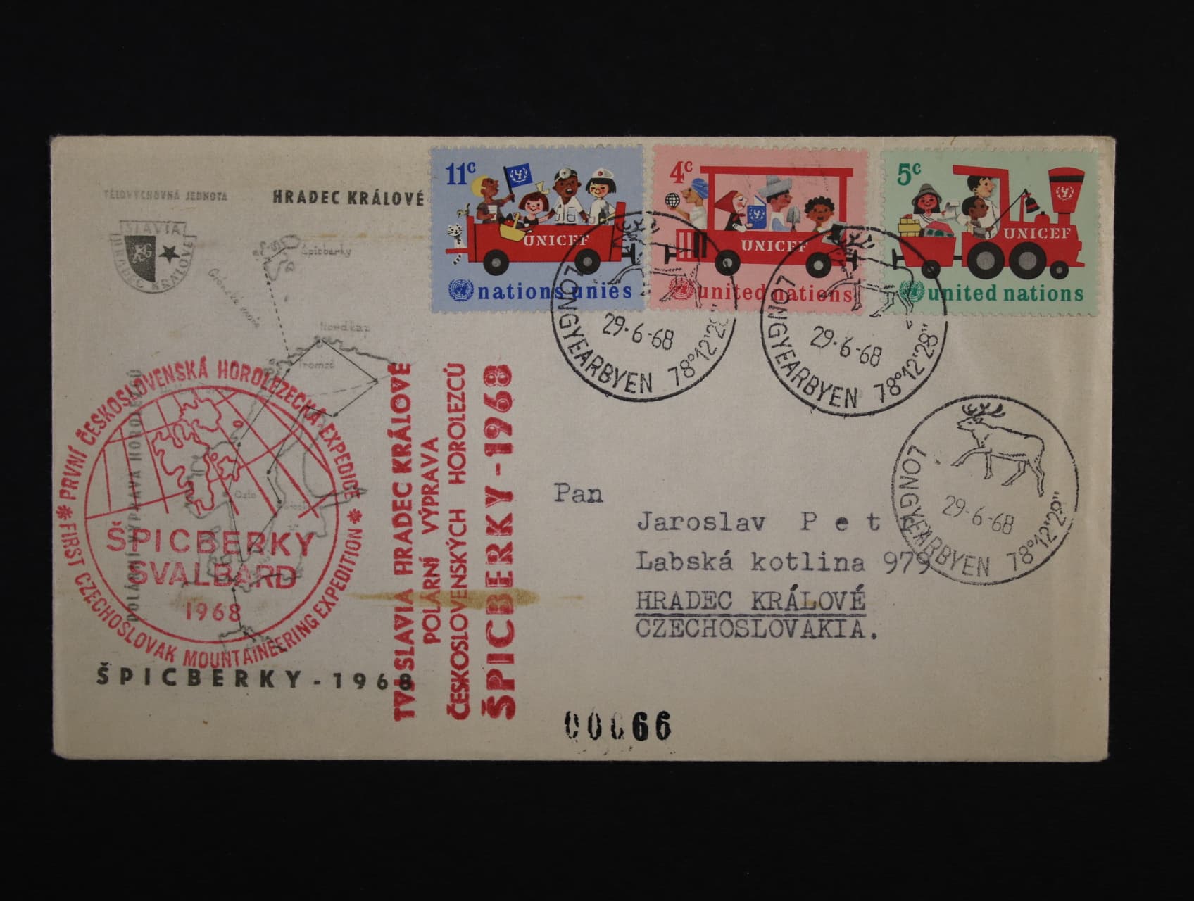 Špicberky - dopis do ČSR s pod. raz. LONGYEARBYEN 29.6.68 + červený kašet PRVNÍ ČESKOSLOVENSKÁ HOROLEZECKÁ EXPEDICE ŠPICBERKY SVALBARD 1968 + červené raz. TVJ SLAVIA HRADEC KRÁLOVÉ POLÁRNÍ VÝPRAVA