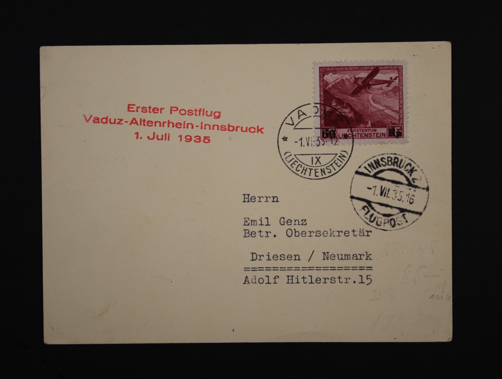 celistvost přepr. 1. poštovním letem Vaduz - Altenrhein - Insbruck 1.Juli 1935, pod. raz. VADUZ, červený let. kašet a přích. raz.