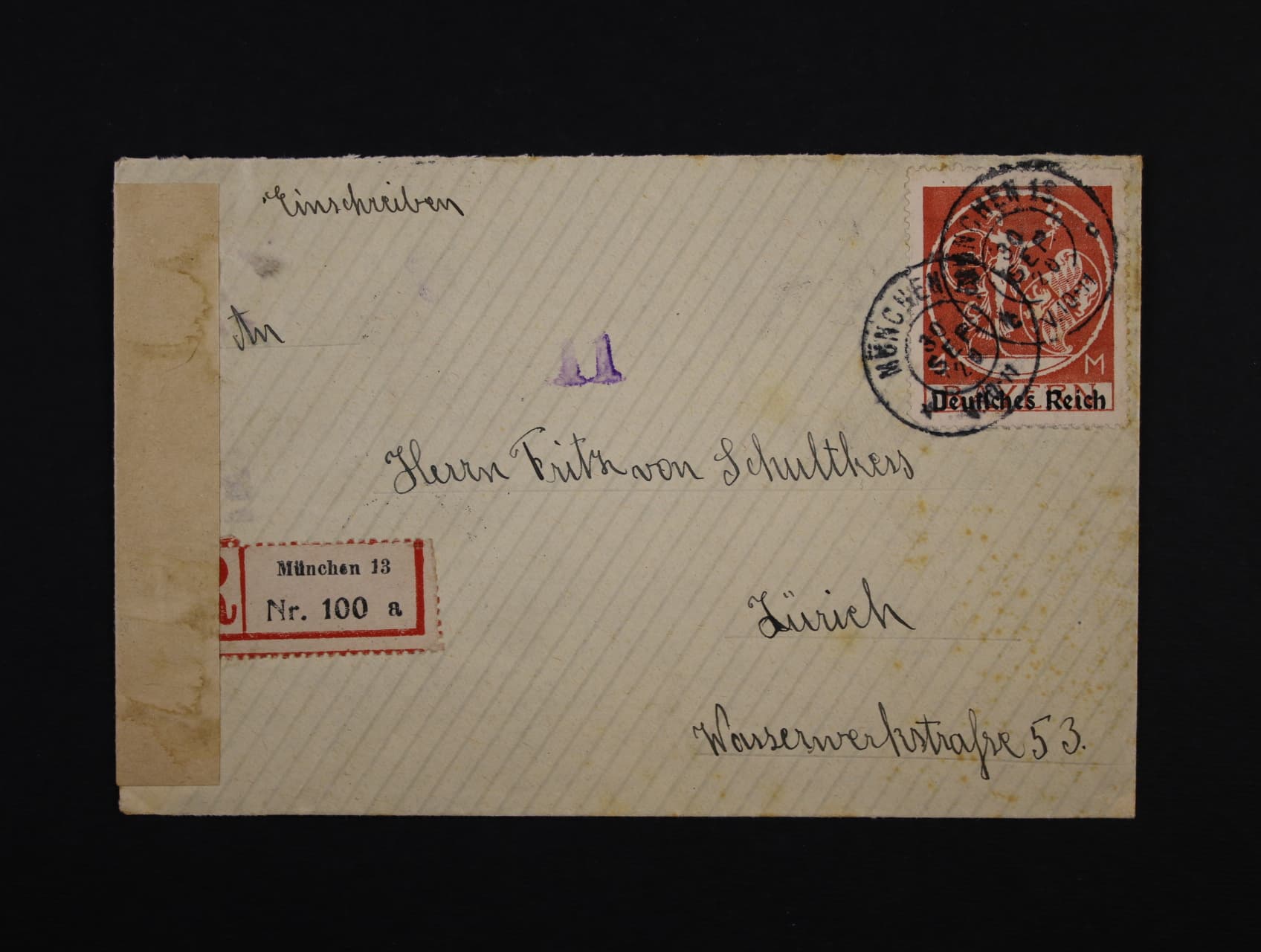 R-dopis do Zurichu frank. zn. Mi. č. 135 I, pod. raz. MÜNCHEN 30.SEP.20, cenzurní páska a přích. raz., dobrá kvalita, zajímavé, 60 EUR