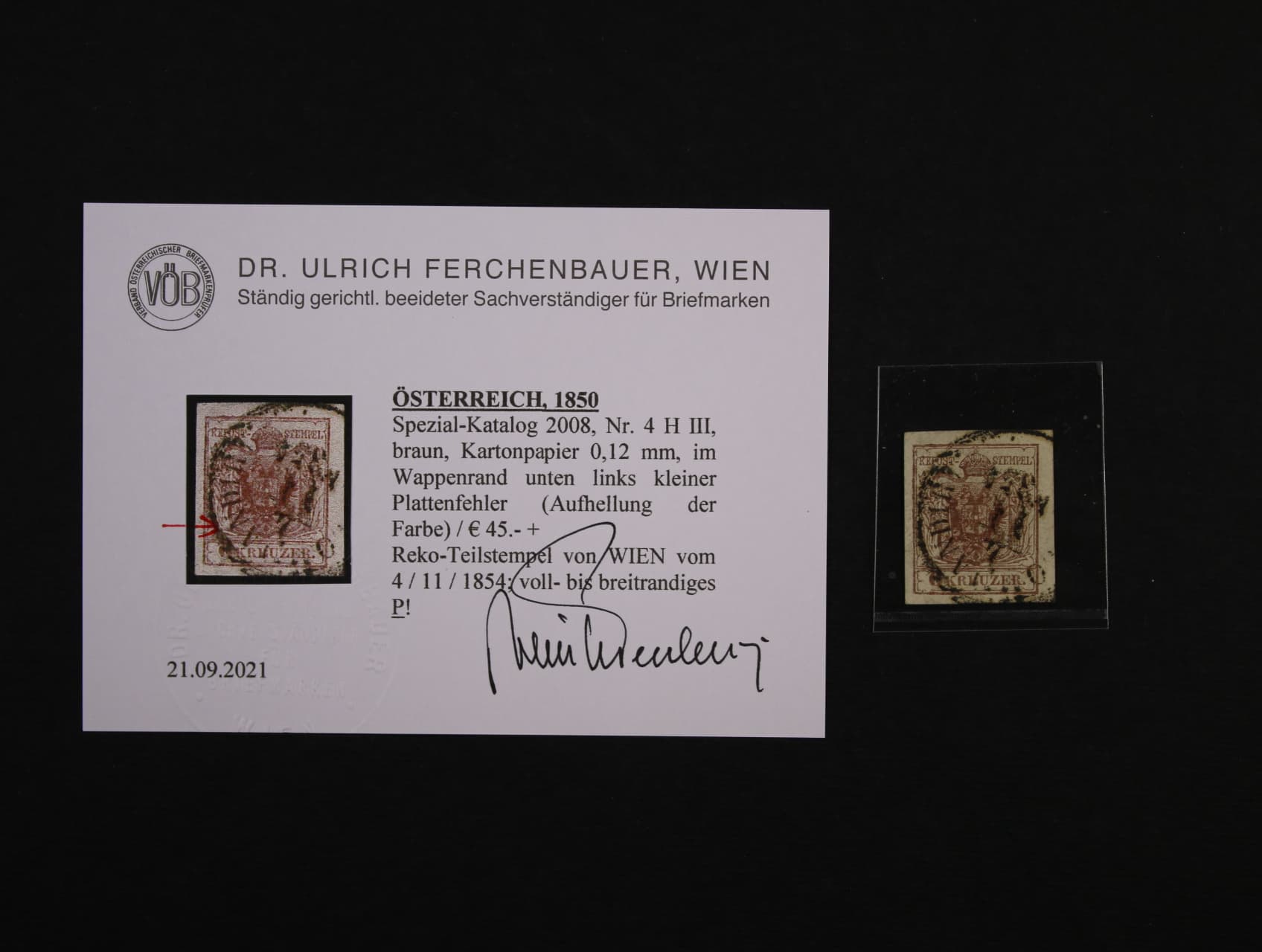 zn. Fe. č. 4 H III, Kartonpapier 012mm + DV ve spodní části linky znaku, nekompl. raz. WIEN RECO 4.11.1854, atest Ferchenbauer