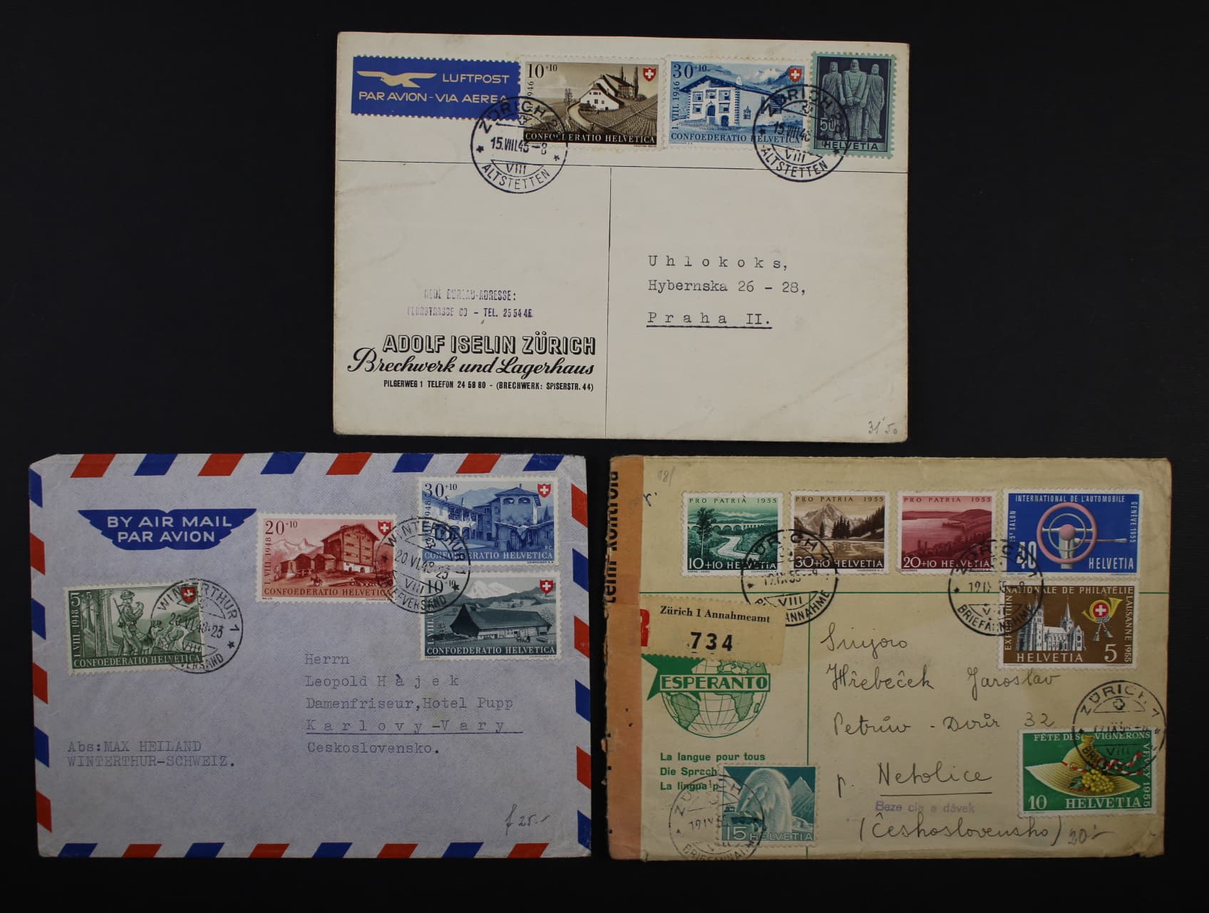 sestava 3 ks dopisů (1x RECO) z let 1946 - 55 frank. pestrými frankaturami, 230 EUR