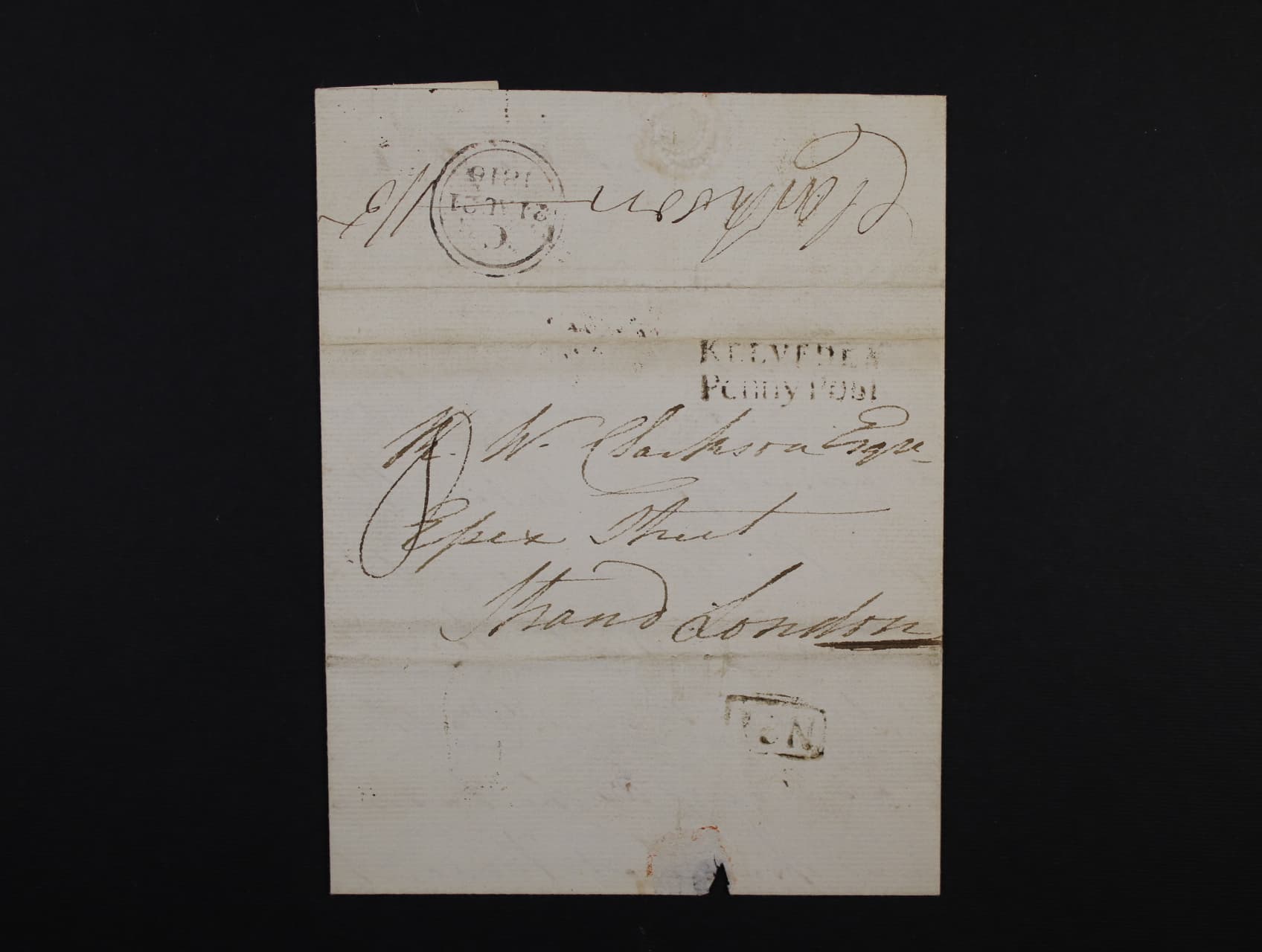 předzn. skl. dopis z r. 1816 s pod. řádk. raz. KELVEDEN Penny Post + průch. a přích. raz.