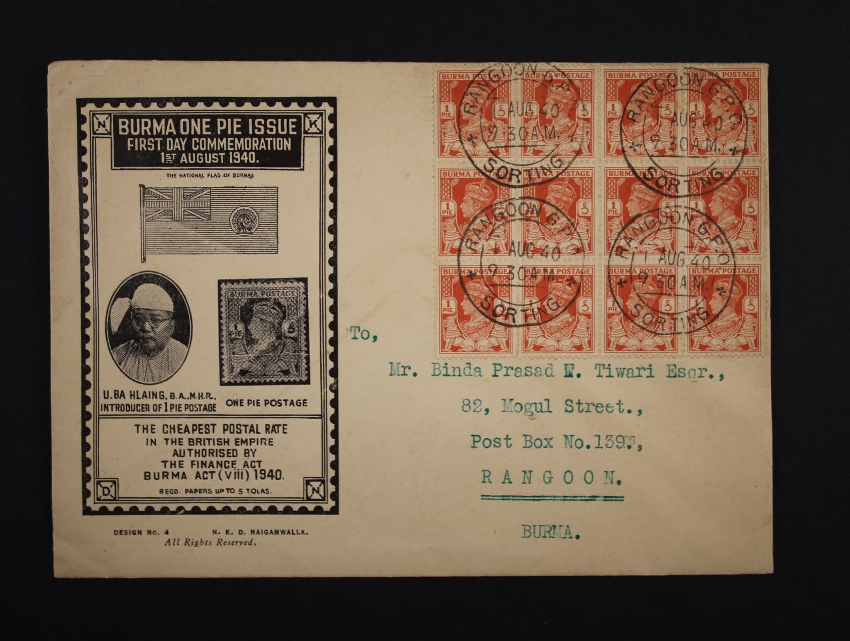Burma - obálka 1. dne v místě, frank. 12ti-blokem zn. 1PIE z r. 1940, pod. raz. RANGOON G. P. O . 1.AUG.40 + přích. raz.