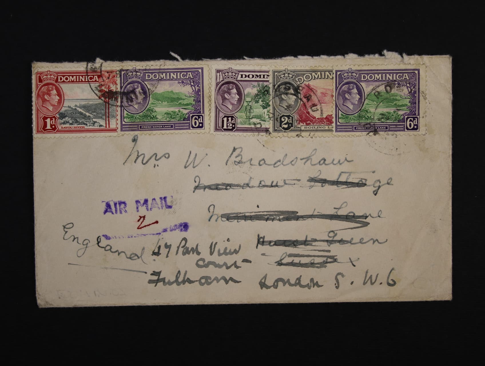 Dominica - let. celistvost do Anglie frank. pestrou frankaturou, pod. raz. ROSEAU DOMINICA 7.9. .., zajímavé
