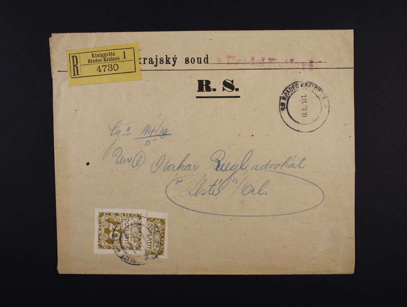úřední R-celistvost Krajského soudu do Ústí nad Orlicí s pod. raz. HRADEC KRÁLOVÉ 1.9.1919 s vybraným poplatkem 30h s vylepenou zn. DL č. 4 + vodorovně půlenou zn. DL 4 a raz. ÚSTÍ NAD ORLICÍ, zajímav