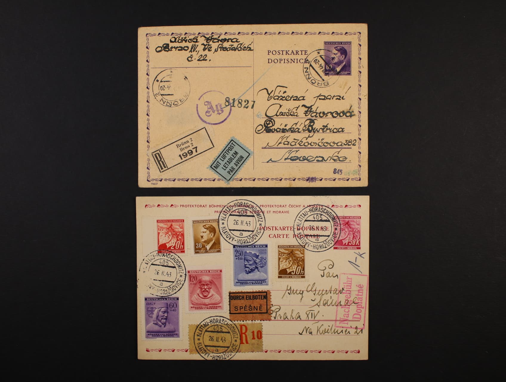 CDV č. 12 RECO na Slovensko, pod. raz. BRÜNN 2 1.3.44 + cenzurní raz.+ chem. cenzura a CDV č. 16 R-EXPREES na Slovensko, pod. raz. VLP 405 KLATTAU - HORASCHDOVITZ 26.2.43 + červené rámeč. dvojjazyčné