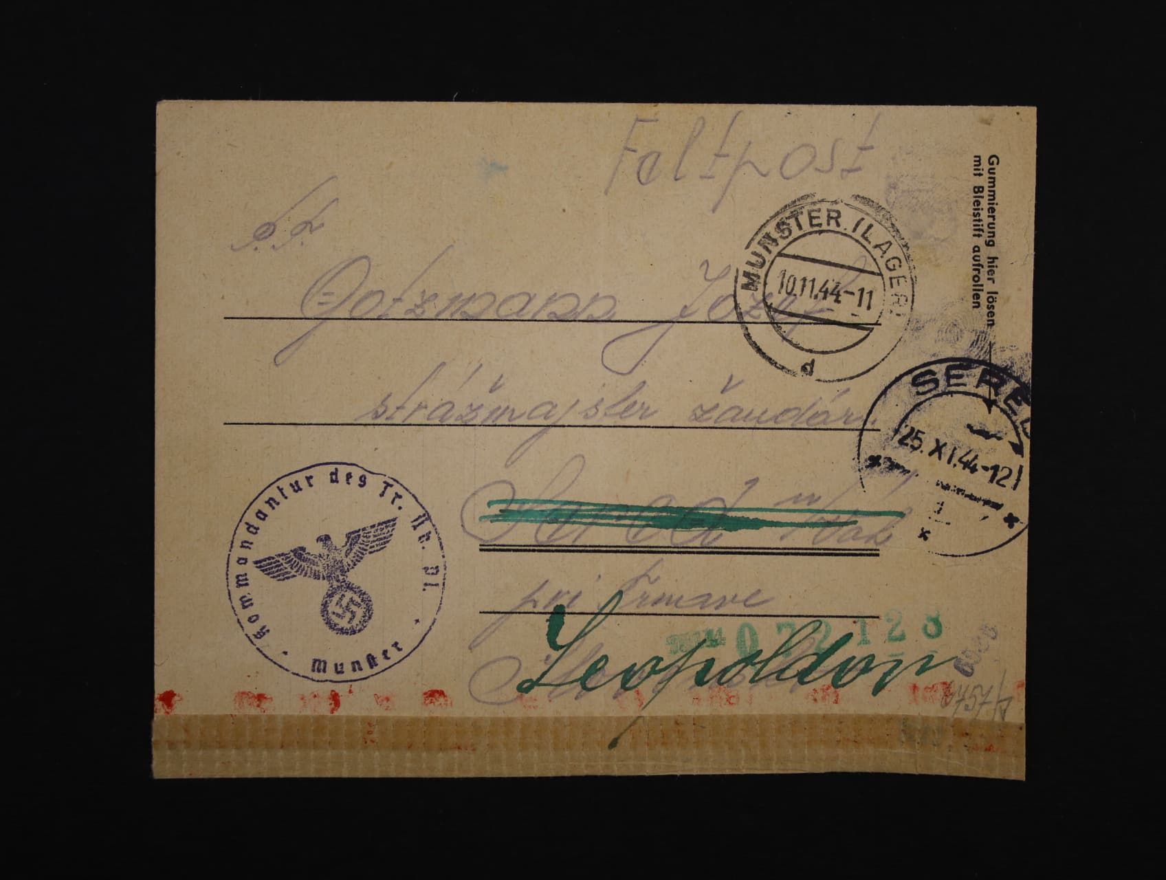 dopis přepr. PP od slovenského vojáka ve službách něm. Wehrmachtu, pod. raz. MÜNSTER (LAGER) 10.11.44 + útvar. raz. a přích. raz. SEREĎ 25.11.44 + cenzurní páska s červeným řádk. raz. Zensur - Stelle