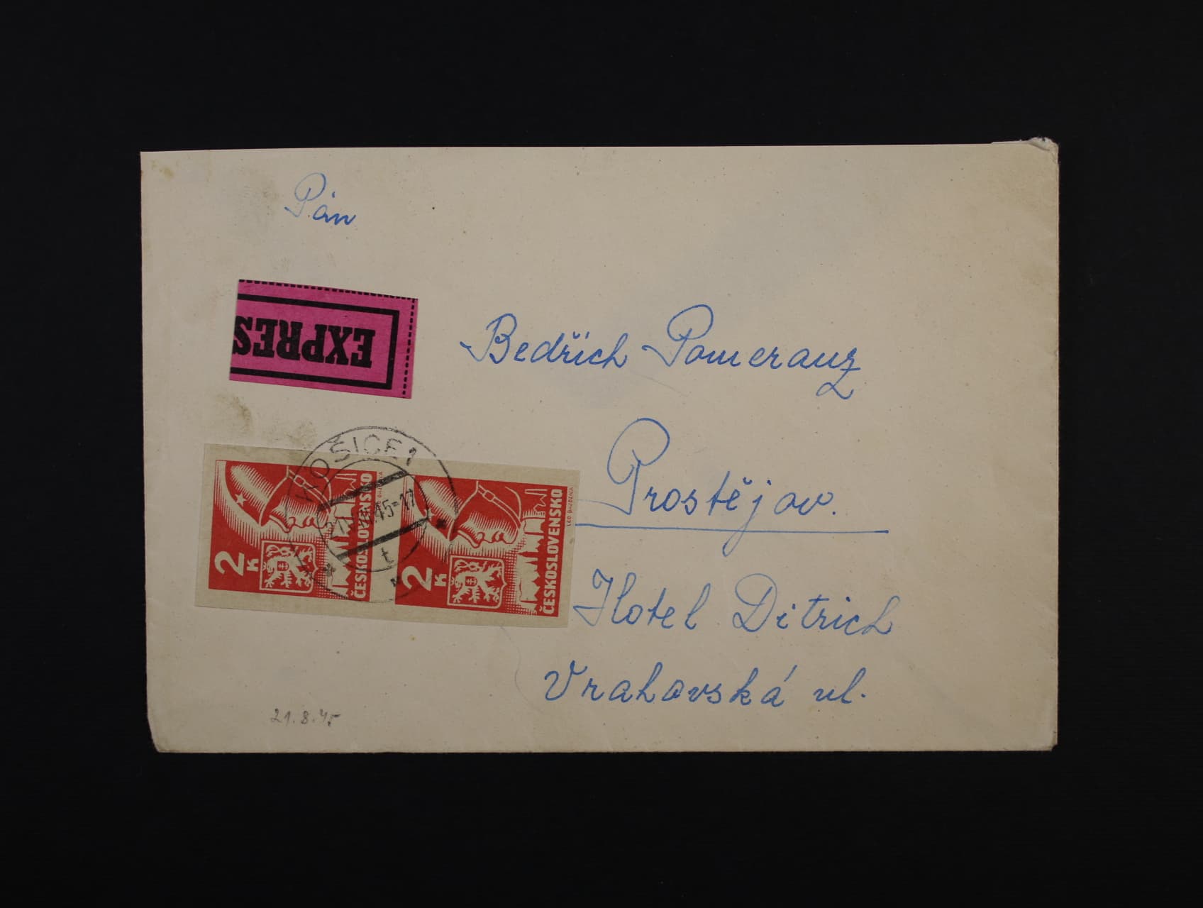 EXPRES dopis do Prostějova frank. svislou dvoupáskou zn. č. 354, pod. raz. KOŠICE 1 21.8.45