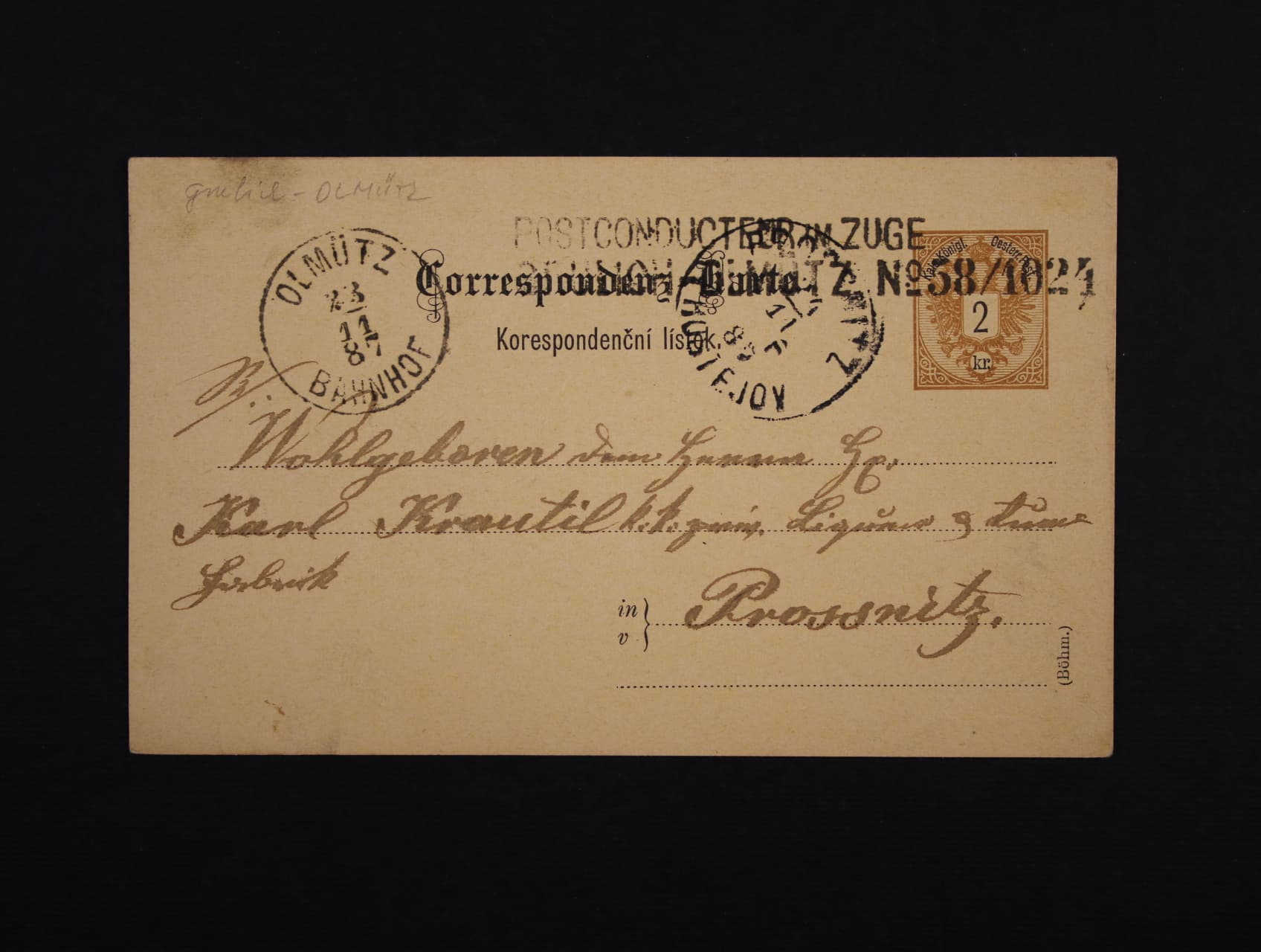 KL 2kr Doppeladler do Prostějova s pod. řádk. raz. POSTCONDUCTEUR IM ZUGE GRULICH - ÖLMÜTZ No. 58/1024, průch. a přích. raz.