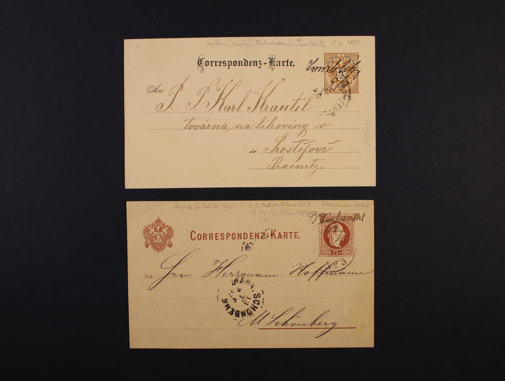 KL 2kr Dopladler s nečitelným nádražním raz. a s poštmistrovským přepisem Troubelitz 5.4.1886 a dtto s nečitelným raz. VLP No. č. 3 Wien - Prerau - Troppau a poštmistrovským přepisem Wienbanhof 12.7.1