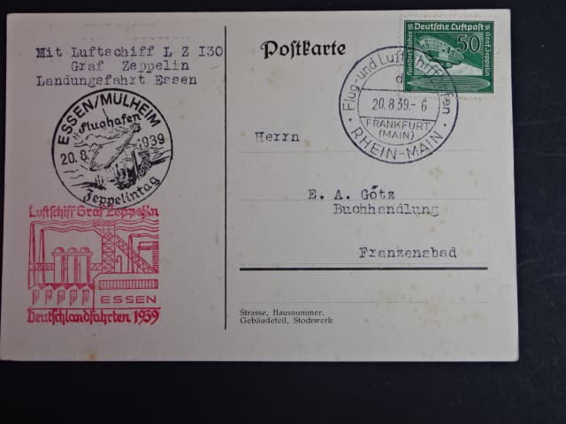 Německo, korespondenční lístek frankovaný leteckou známkou 50pf Zeppelin, přepravený vzducholodí, Luftschiff Graf Zeppelin Deutschlandfahrten 1939 Essen, podací raz. Frankfurt 20.8.1939, červený a čer