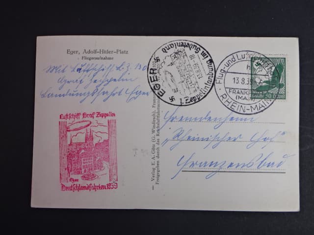 Sudety, Eger (Cheb), fotopohlednice přepravená vzducholdí 1.Zeppelinlandung im Sudetenland 13.8.39,frankováno let. zn. 50 pf., podací raz. Frankfurt + červený a černý let. kašet