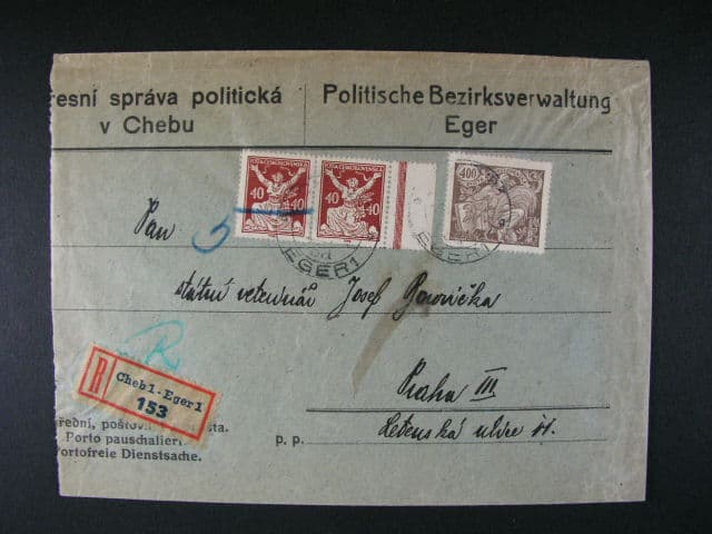firemní R-dopis do Prahy frank. vodorovnou dvoupáskou zn. č. 154 B, typ II, + zn. HaV č. 176, typ I, pod. raz. CHEB 8.4.21, zajímavé