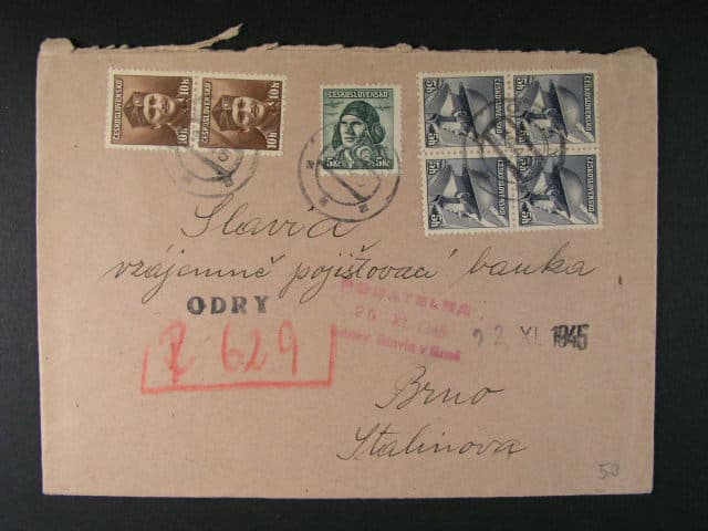 sestava 10 ks celistvostí (9x RECO) z r. 1945 s proviz. R-nál. i razítky OPAVA 1, ODRY, HRADEC U OPAVY, KUTNÁ HORA, ÚVALNO, ZÁKUPY..., velmi zajímavé