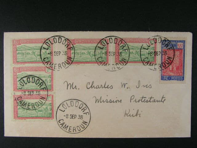 Kolonie Kamerun - dopis na protestanskou misii v Kiibi, zajímavá frankatura, pod. raz. LOLODORF 8.SEPT.38