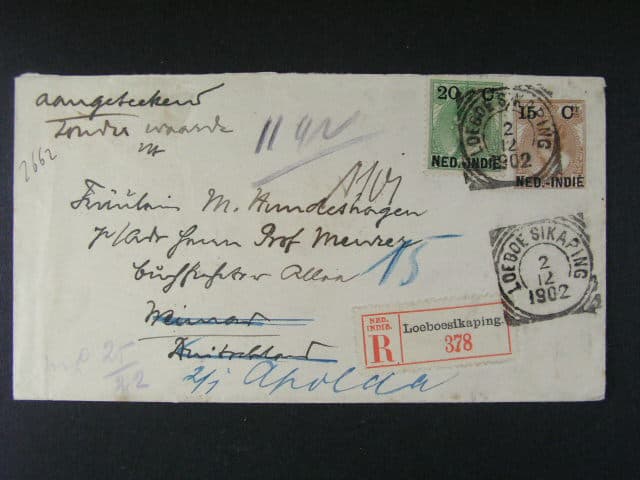 Holandská Indie - dofrank. celina  do Evropy s pod. raz. LOEBOESIKAPING 2.12.1902, průch. a přích. raz., zajímavé