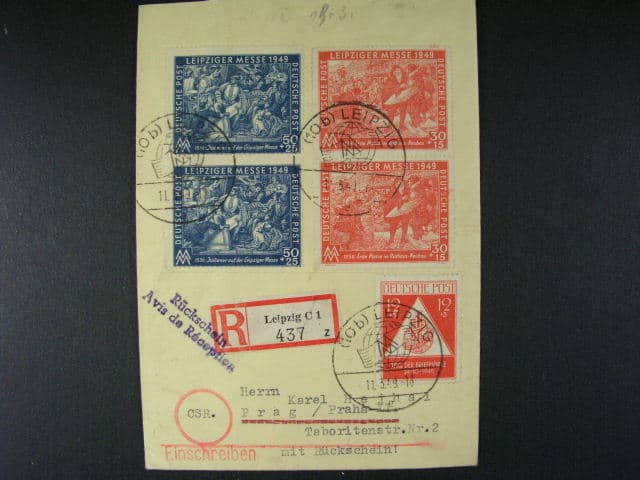 R-dopis do ČSR frank. zn. Mi. č. 226 + 230 a 31 ve svislých dvoupáskách, pod. raz. LEIPZIG 11.3.49, dobrá kvalita, dekorativní