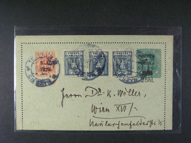 obsazení těšínska - rak. zálepka 20h Karel do Vídně s přetiskem POCZTA POLSKA 25hl, dofrank. mj. polskou  zn. s přetiskem SO 1920, s dvojjazyčným raz. TESCHEN 2
