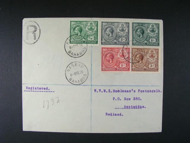 Bahamas - R-dopis do Holandska frank. zn. Mi. č. 68 - 72, pod. raz. NASSAU 6.MAR.20, průch. raz. LONDON, velmi zajímavé
