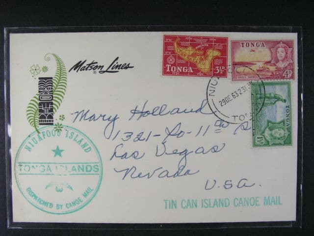 Tonga - dopis do USA s pod. raz. NIUAFOOU 29.DE.63 + zelený kašet TONGA ISLANDS DISPATCHED BY CANOE MAIL, dobrá kvalita