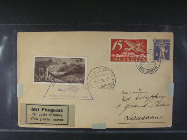 let. dopis frank. mj. zn. Mi. č. 179 + let. nálepka k letu Leysin - Lausane 1926, pod. raz. LEYSIN - LAUSANE 31.10.26, fialový let. kašet a přích. raz.
