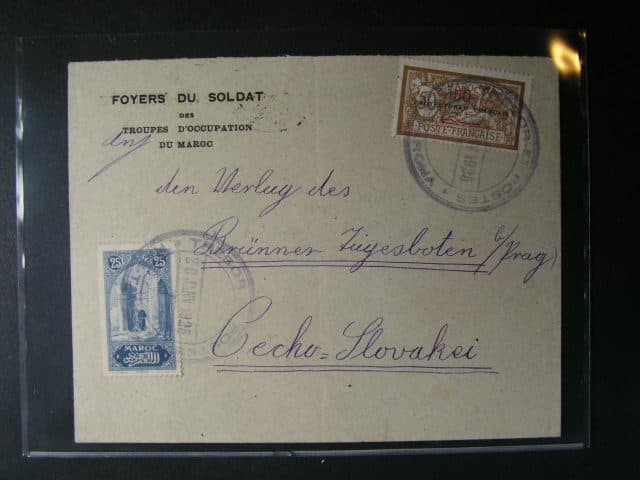 Maroko - voj. pošta v Maroku - dopis do ČSR frank. mj. zn. Mi. č. 35  výpl. zn., podací dvoukruh. fialové raz. TRESOR-ET POSTES MAE-TARCHA 28.JANV.1925, průch. raz.
