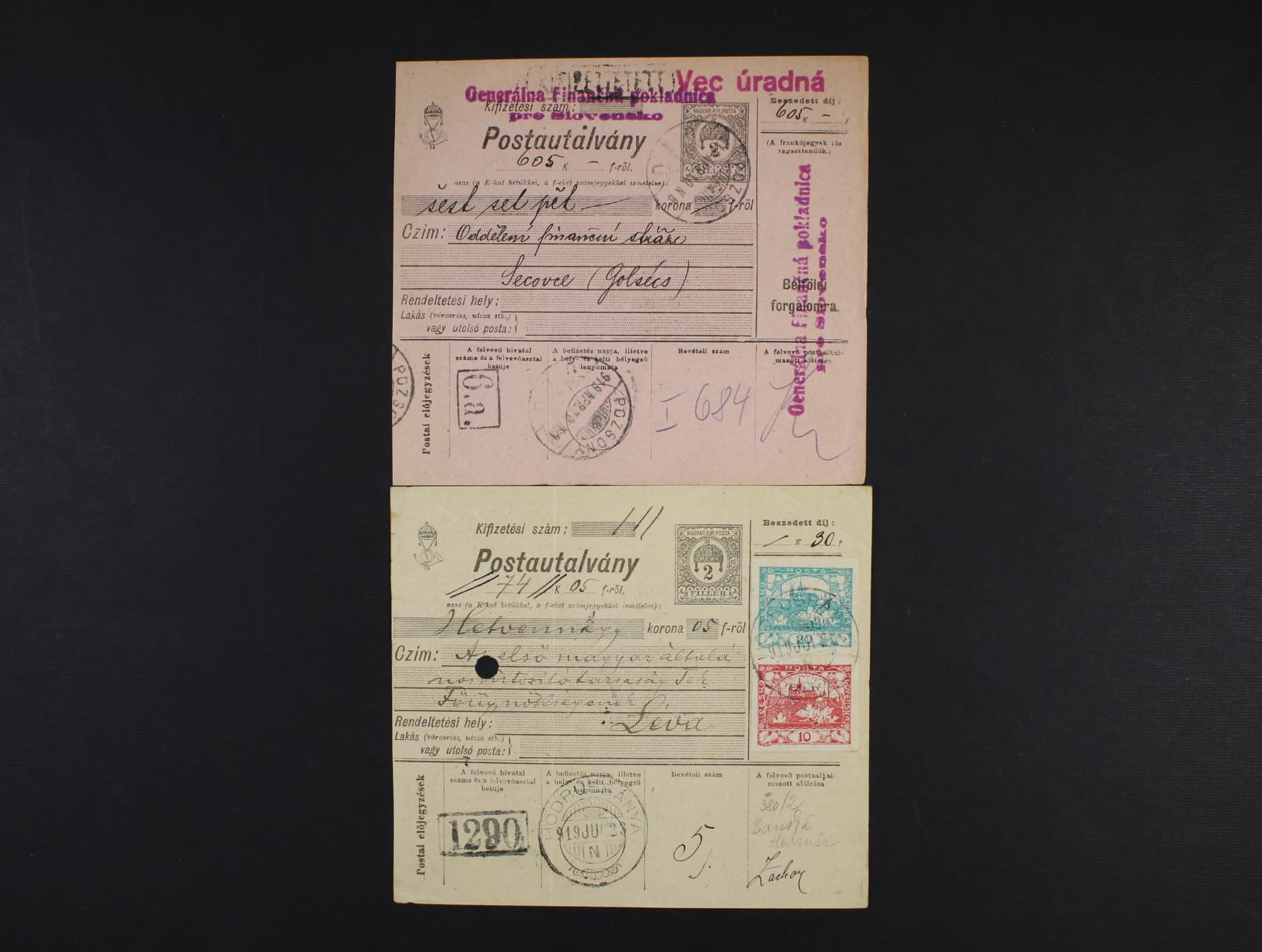 uherska penezni pruvodka 2fil dofrank. zn. c. 5 + 8 s pod. raz. HORDUBANY (Banska Hodrusa) 23.6.1919 a dtto s prid. raz. Vec uradna, pod. raz. POZSONY 10.4.19, zajimave