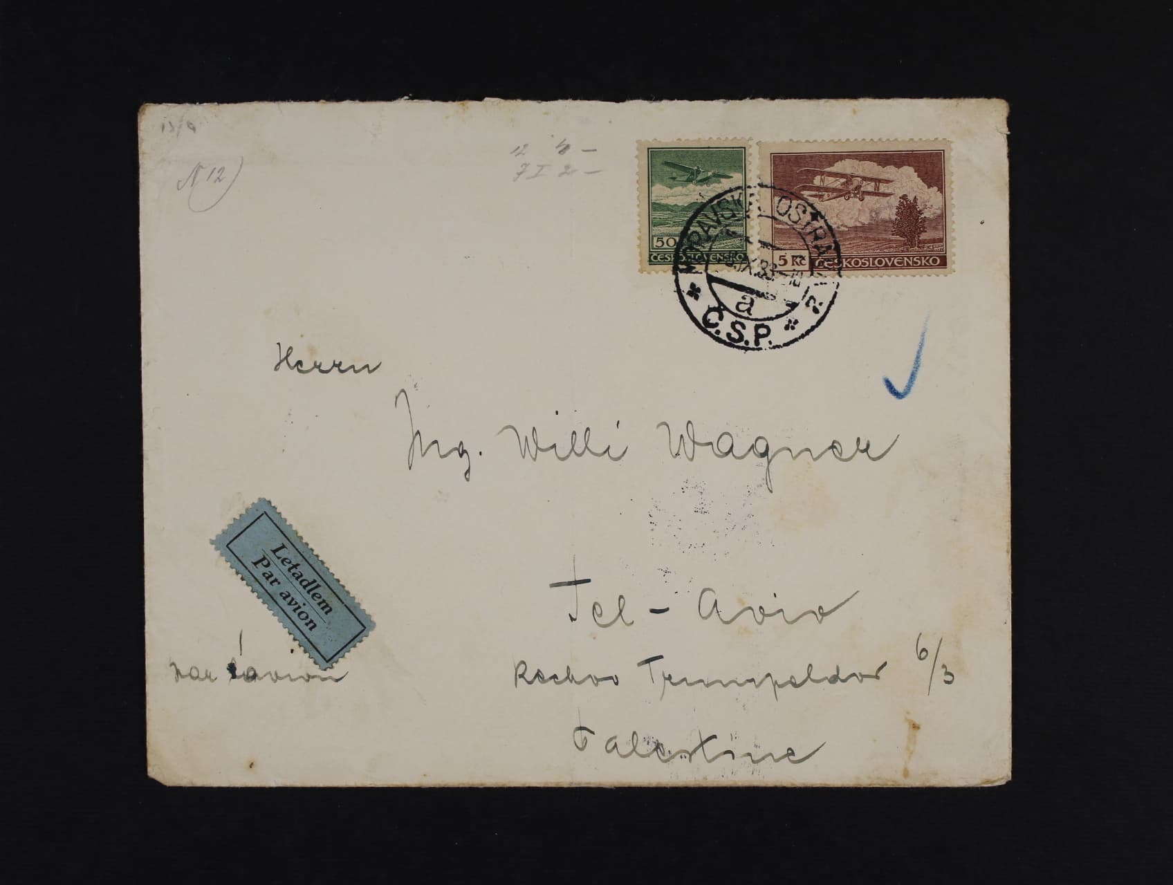 Letecke 1918 - 1939 / Airmail - dopis do Tel-Avivu frank. zn. L c. 7, L 12a, pod. raz. MORAVSKA OSTRAVA 8.9.33, pruch. raz. PRAHA 7 LETECKA POSTA + AOHNAI 11.9.33, dopis mimo zn. svisle prelozen
